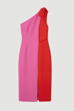 Robe Midi Ajustée Douce à Blocs de Couleur avec Nœud