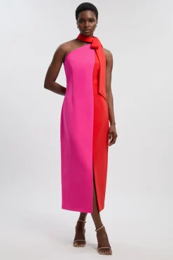 Robe Midi Ajustée Douce à Blocs de Couleur avec Nœud