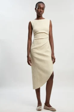 Robe Midi Ajustée en Bouclé avec Détails Froncés