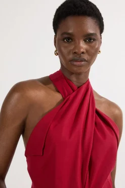Robe Midi Ajustée en Coton Poli avec Ceinture et Décolleté Dos-Nu à Jupe Évasée