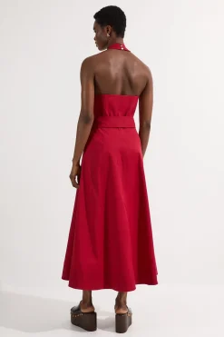 Robe Midi Ajustée en Coton Poli avec Ceinture et Décolleté Dos-Nu à Jupe Évasée