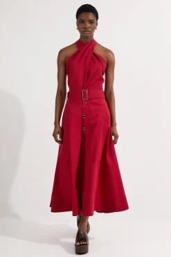 Robe Midi Ajustée en Coton Poli avec Ceinture et Décolleté Dos-Nu à Jupe Évasée