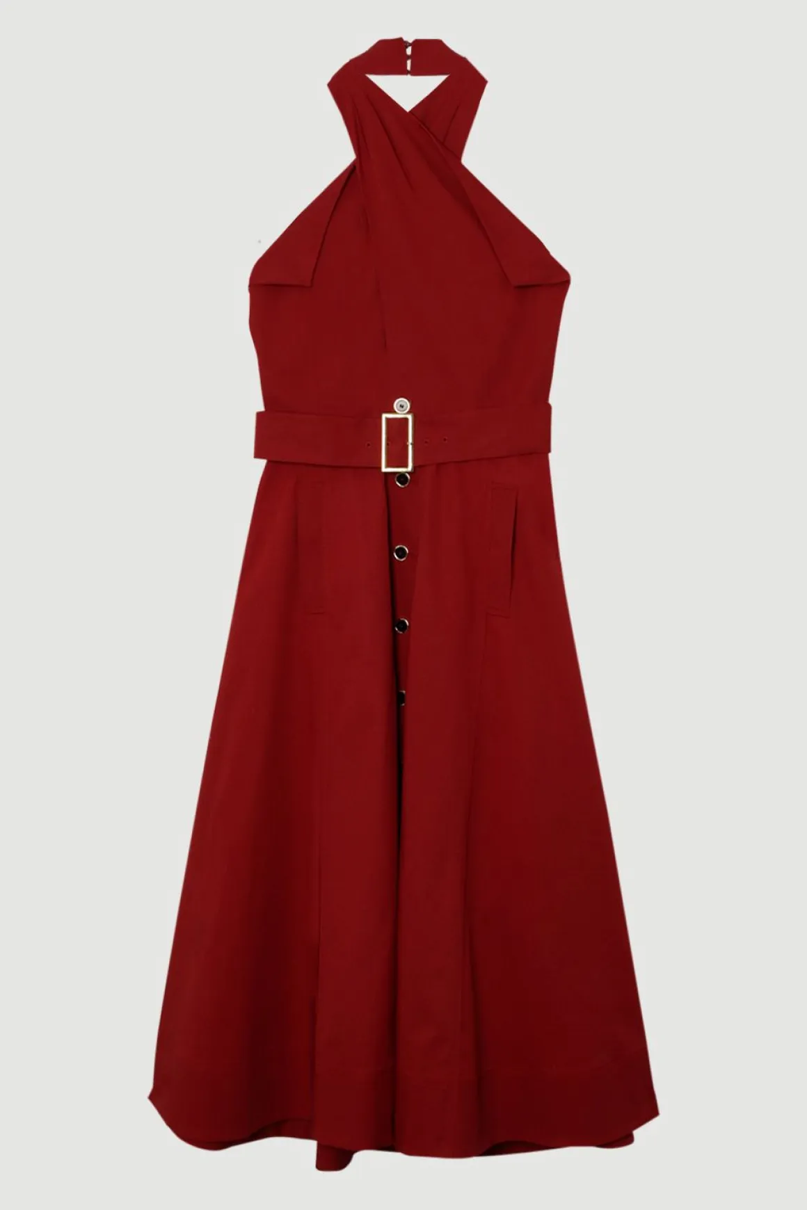 Robe Midi Ajustée en Coton Poli avec Ceinture et Décolleté Dos-Nu à Jupe Évasée