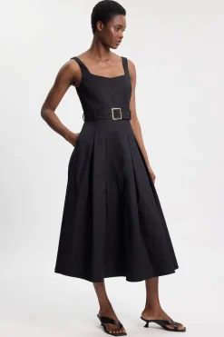 Robe Midi Ajustée En Coton Premium Avec Ceinture À Boucle Petite