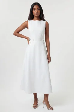 Robe Midi Ajustée En Coton Premium Avec Ceinture À Boucle Pour Petite Taille
