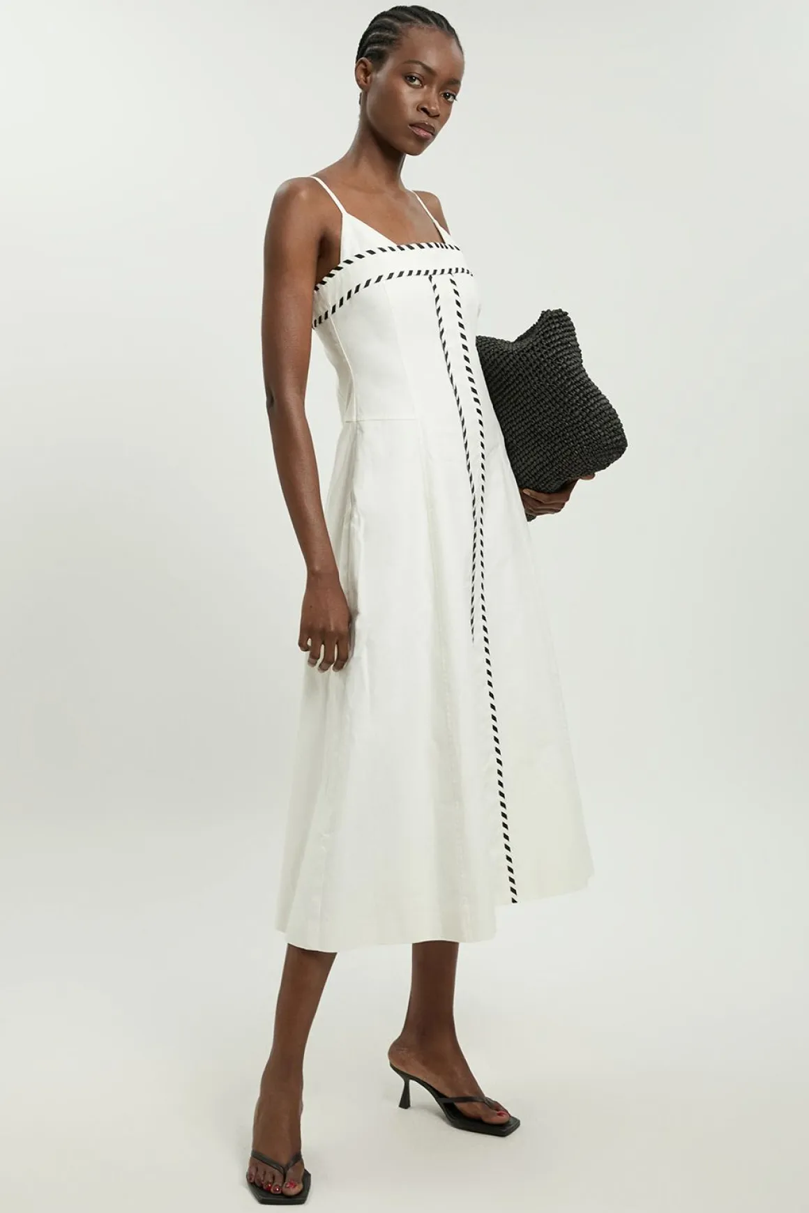 Robe Midi Ajustée En Mélange De Lin Avec Surpiqûres Contrastées Petite