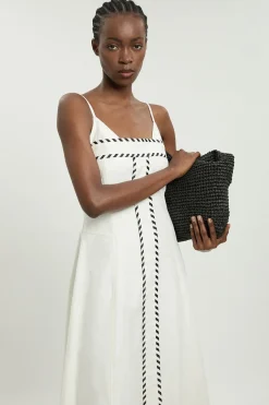 Robe Midi Ajustée En Mélange De Lin Avec Surpiqûres Contrastées Petite