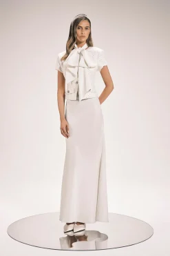 Robe Midi Ajustée En Mélange De Satin Et Bouclé Avec Col À Nouer