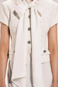 Robe Midi Ajustée En Mélange De Satin Et Bouclé Avec Col À Nouer