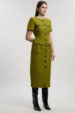 KarenMillen Robe Midi Ajustée en Tweed Texturé à Manches Courtes avec Poches Devant<Femme Toutes Les Robes|Robes Mi-Longues