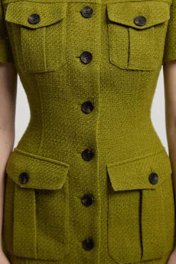 KarenMillen Robe Midi Ajustée en Tweed Texturé à Manches Courtes avec Poches Devant<Femme Toutes Les Robes|Robes Mi-Longues