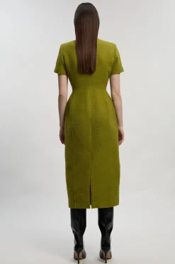KarenMillen Robe Midi Ajustée en Tweed Texturé à Manches Courtes avec Poches Devant<Femme Toutes Les Robes|Robes Mi-Longues