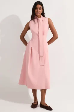 KarenMillen Robe midi ajustée en viscose extensible compacte à col noué et jupe pleine<Femme Robes|Robes Mi-Longues