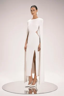 Robe Midi Ajustée En Viscose Stretch Compacte Avec Cape Et Empiècements En Mesh