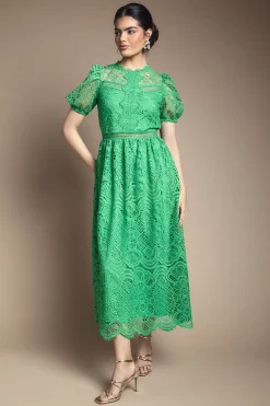 Oasis Robe Midi Ajustée Et Évasée En Dentelle À Manches Bouffantes<Femme Robes Mi-Longues|Satin Et Dentelle