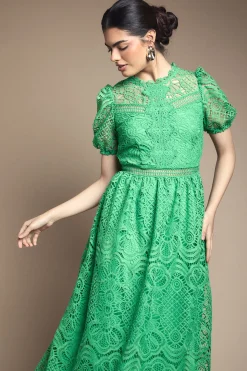 Oasis Robe Midi Ajustée Et Évasée En Dentelle À Manches Bouffantes<Femme Robes Mi-Longues|Satin Et Dentelle