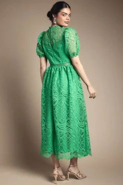 Oasis Robe Midi Ajustée Et Évasée En Dentelle À Manches Bouffantes<Femme Robes Mi-Longues|Satin Et Dentelle