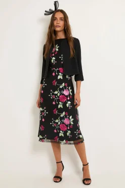 Robe Midi Ajustée Et Évasée En Tulle Brodé De Fleurs