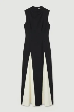 Robe Midi Ajustée Extensible à Blocs de Couleurs et Jupe Évasée