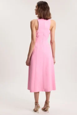 Robe Midi Ajustée À Jupe Ample Avec Détails De Coutures En Tissu Stretch Compact