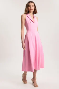 Robe Midi Ajustée À Jupe Ample Avec Détails De Coutures En Tissu Stretch Compact
