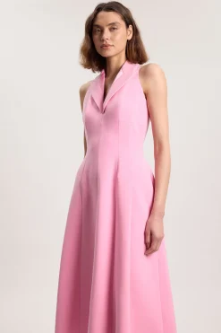 Robe Midi Ajustée À Jupe Ample Avec Détails De Coutures En Tissu Stretch Compact
