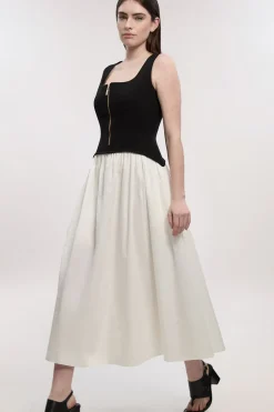 Robe Midi Ajustée À Jupe Évasée En Mélange De Coton Stretch Compact