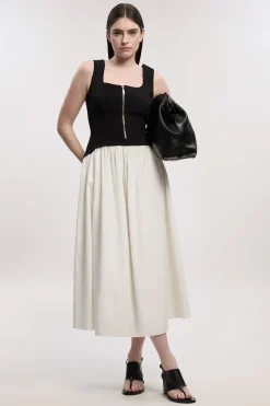 Robe Midi Ajustée À Jupe Évasée En Mélange De Coton Stretch Compact