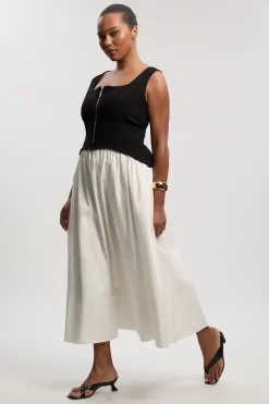 Robe Midi Ajustée À Jupe Évasée En Mélange Coton Stretch Compact Grande Taille