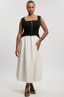 Robe Midi Ajustée À Jupe Évasée En Mélange Coton Stretch Compact Grande Taille