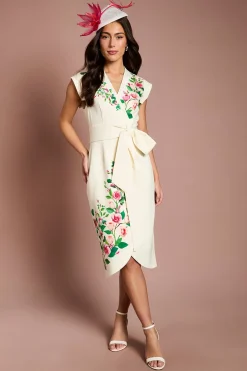 Robe Midi Ajustée Lisa Beige À Taille Nouée Portefeuille