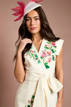 Robe Midi Ajustée Lisa Beige À Taille Nouée Portefeuille