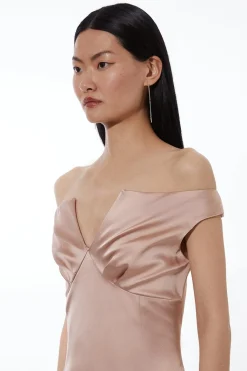 Robe Midi Ajustée Épaules Dénudées à Panneaux en Satin Italien