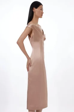Robe Midi Ajustée Épaules Dénudées à Panneaux en Satin Italien