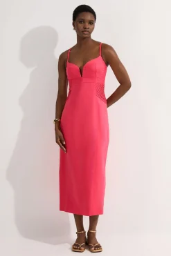 Robe midi ajustée à taille haute en lin premium avec détails de pinces style crayon