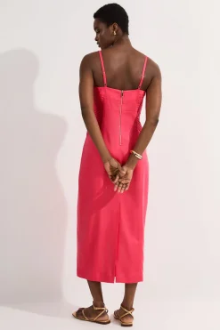 Robe midi ajustée à taille haute en lin premium avec détails de pinces style crayon