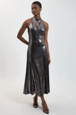 Robe Midi Ajustée Évasée À Sequins Avec Ouverture