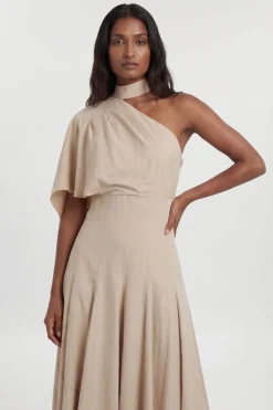 Robe Midi Ample À Col Montant Asymétrique Une Épaule En Lin Tailleur Premium Petite
