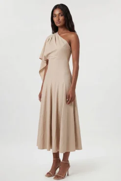 Robe Midi Ample À Col Montant Asymétrique Une Épaule En Lin Tailleur Premium Petite