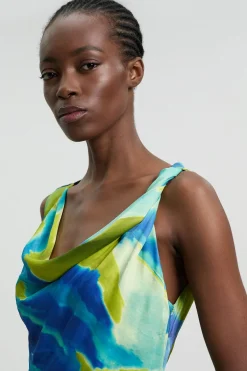 KarenMillen Robe Midi Aqua En Viscose Satinée Avec Détail Torsadé À L'épaule Et Imprimé Abstrait<Femme Robes Mi-Longues|Satin Et Dentelle