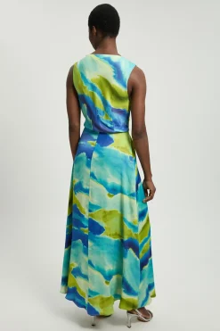 KarenMillen Robe Midi Aqua En Viscose Satinée Avec Détail Torsadé À L'épaule Et Imprimé Abstrait<Femme Robes Mi-Longues|Satin Et Dentelle