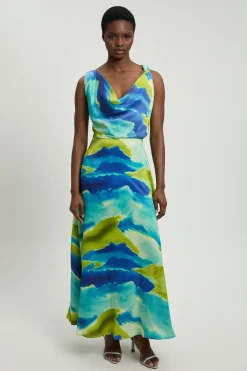KarenMillen Robe Midi Aqua En Viscose Satinée Avec Détail Torsadé À L'épaule Et Imprimé Abstrait<Femme Robes Mi-Longues|Satin Et Dentelle