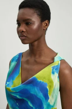 KarenMillen Robe Midi Aqua En Viscose Satinée Avec Détail Torsadé À L'épaule Et Imprimé Abstrait<Femme Robes Mi-Longues|Satin Et Dentelle