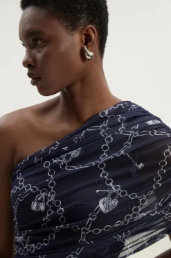 Robe Midi Asymétrique en Maille Imprimé Chaîne