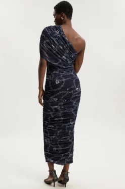 Robe Midi Asymétrique en Maille Imprimé Chaîne
