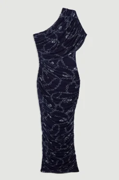 Robe Midi Asymétrique en Maille Imprimé Chaîne