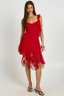 Robe Midi Asymétrique En Mousseline Avec Détail De Volants