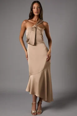 Robe Midi Asymétrique en Satin avec Nœud sur une Épaule