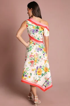 Robe Midi Asymétrique En Satin Imprimé À Épaules Dénudées