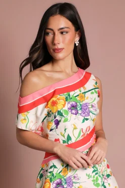Robe Midi Asymétrique En Satin Imprimé À Épaules Dénudées